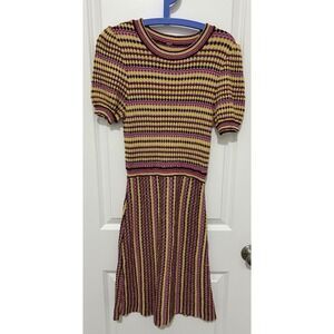Free People Knit Striped Puff Sleeve Midi Dress Yellow Purple Metallic